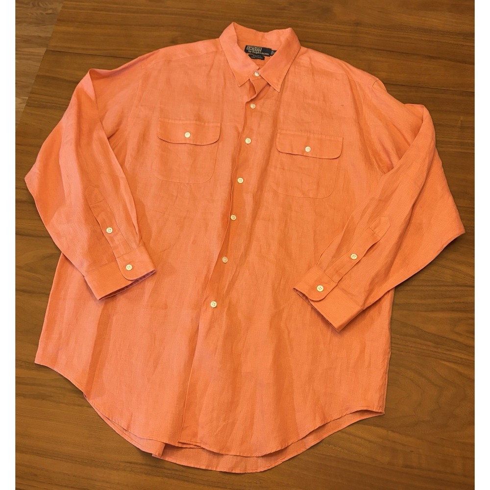 Vintage Polo Ralph Lauren Pratt 100% Linen Shirt Mens XL Peach Utility Pockets